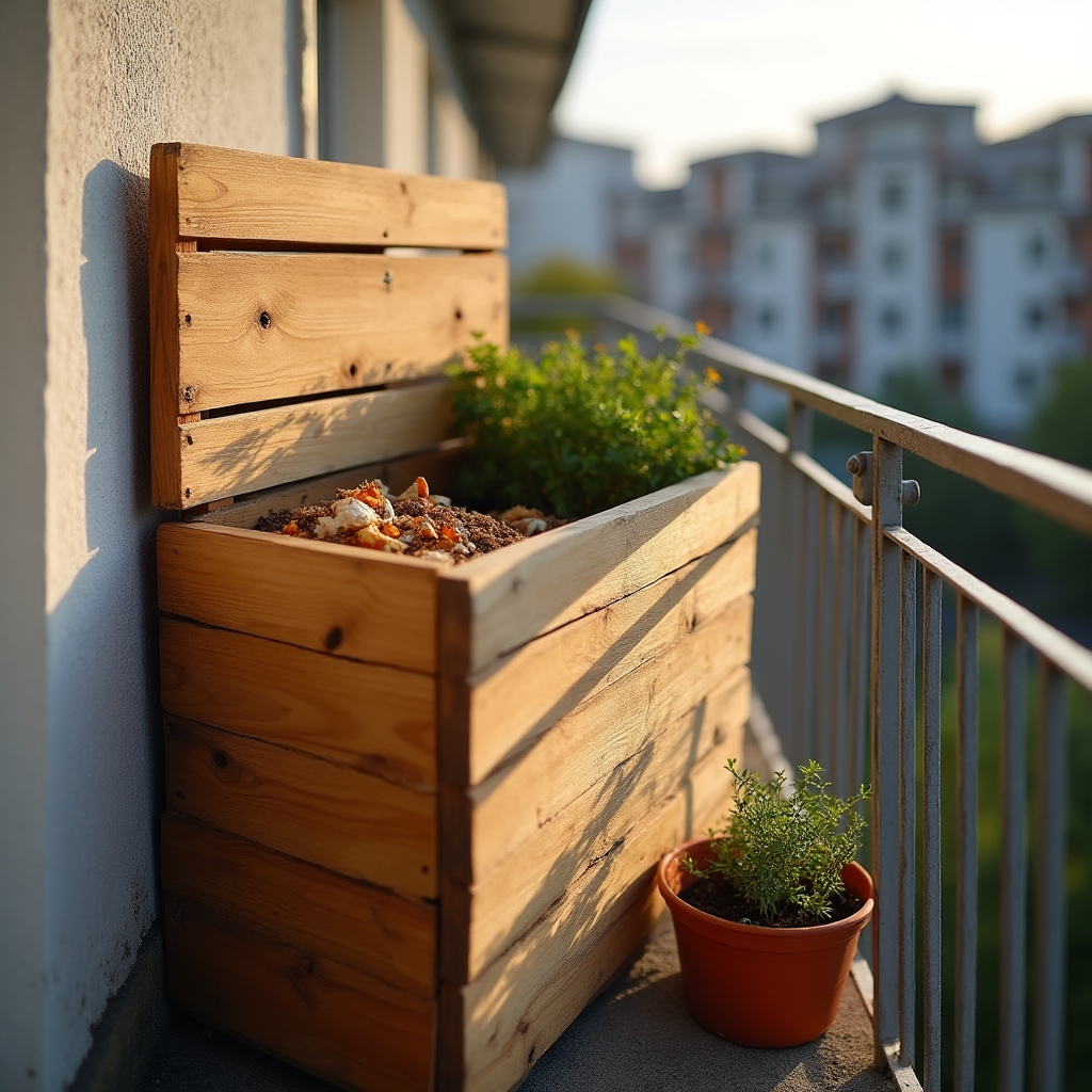 Small composting bin on a Warsaw apartment balcony surrounded by potted herbs