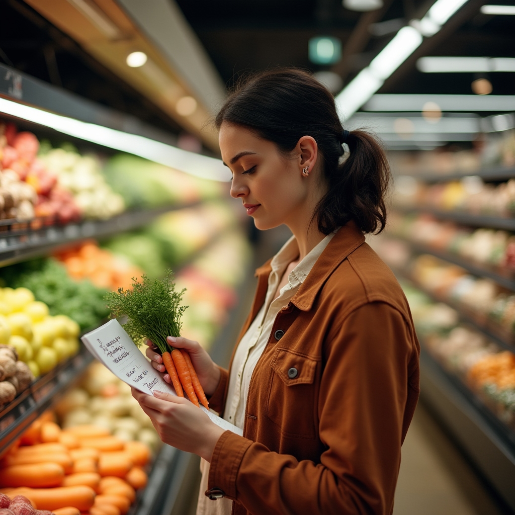 Person reviewing a handwritten shopping list next to fresh vegetables at a Polish supermarket to plan portions and reduce food waste
