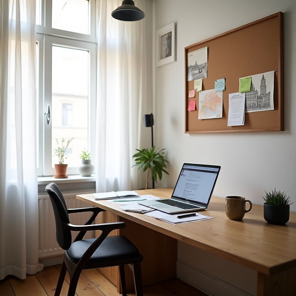Quiet editorial workspace in Wrocław with natural light, wooden desk, and research materials for composting and sustainability guides